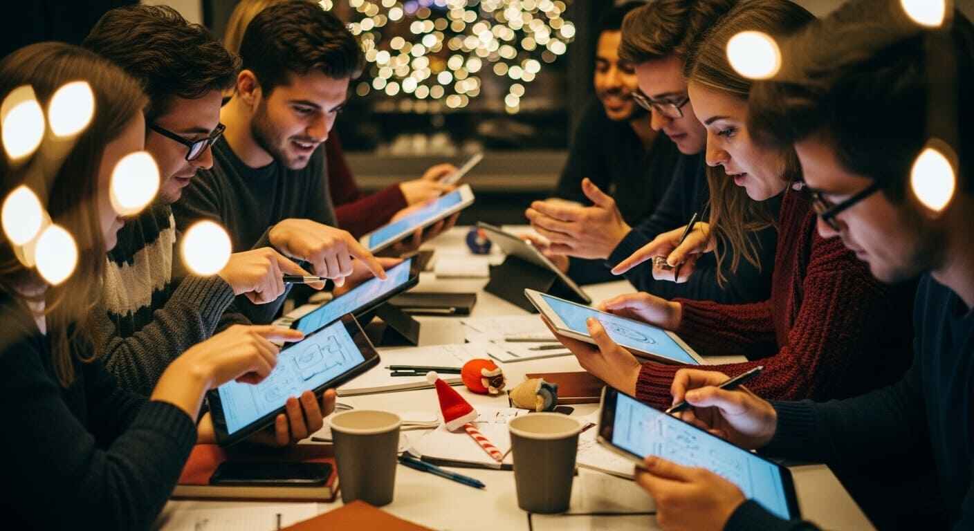 Students working together around devices during a Christmas-themed classroom collaboration game.