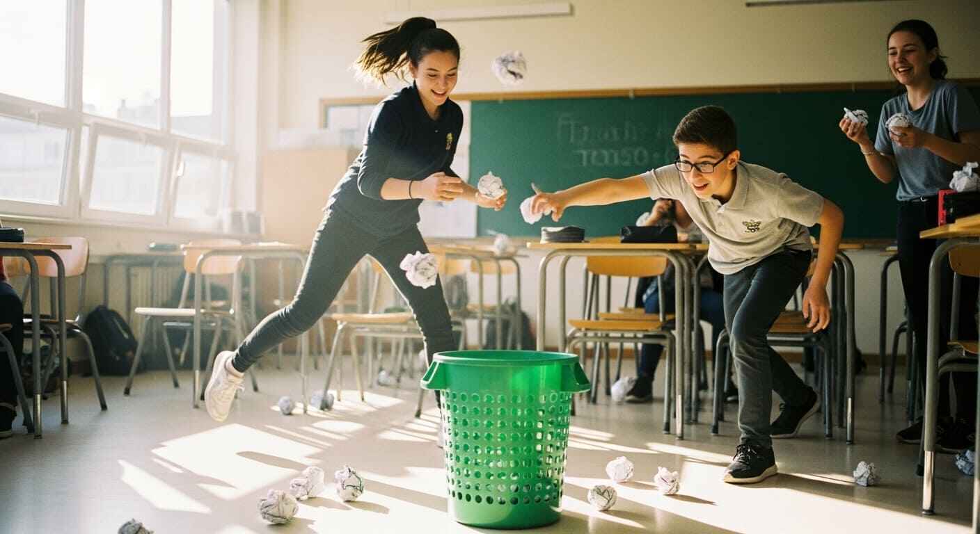 Students taking turns shooting paper balls into a classroom trash can during a review game.