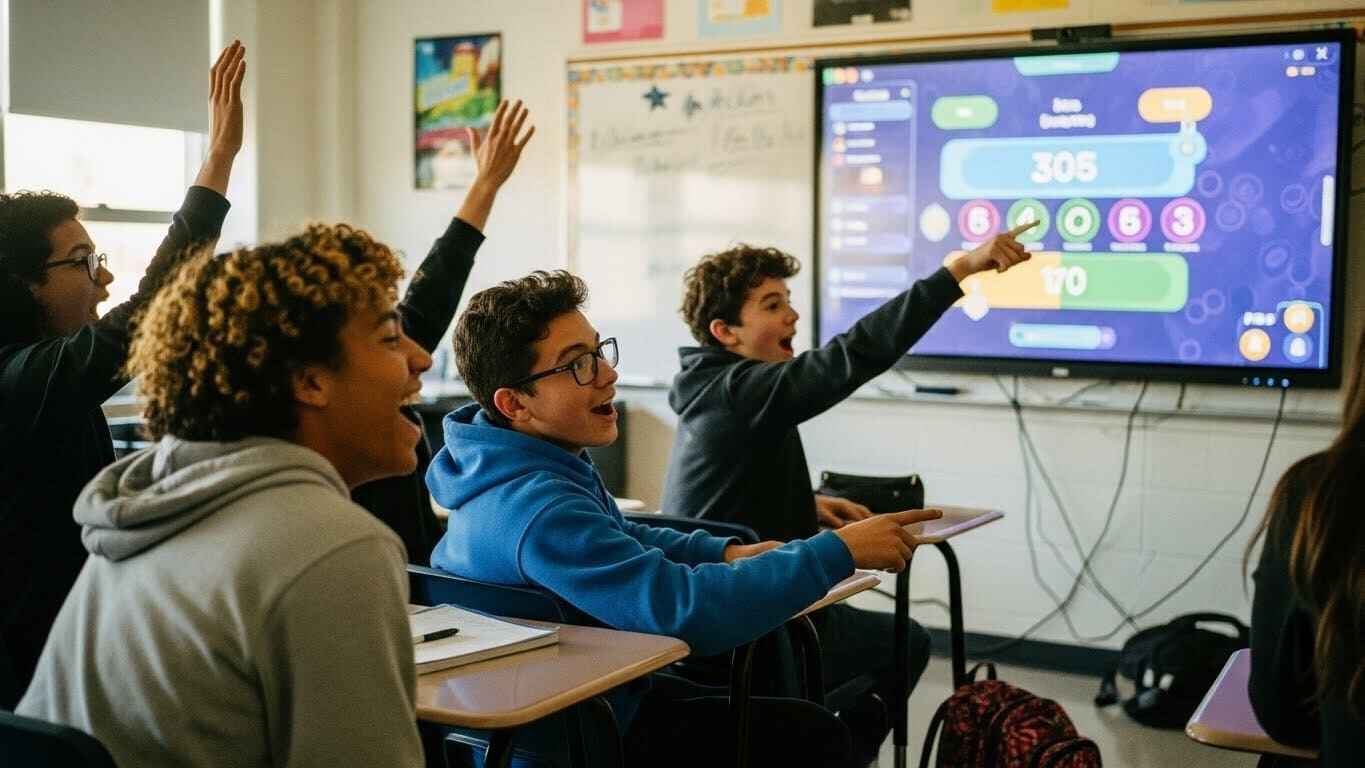 “Students reacting with excitement during a gamified learning session displayed on a classroom screen.”
