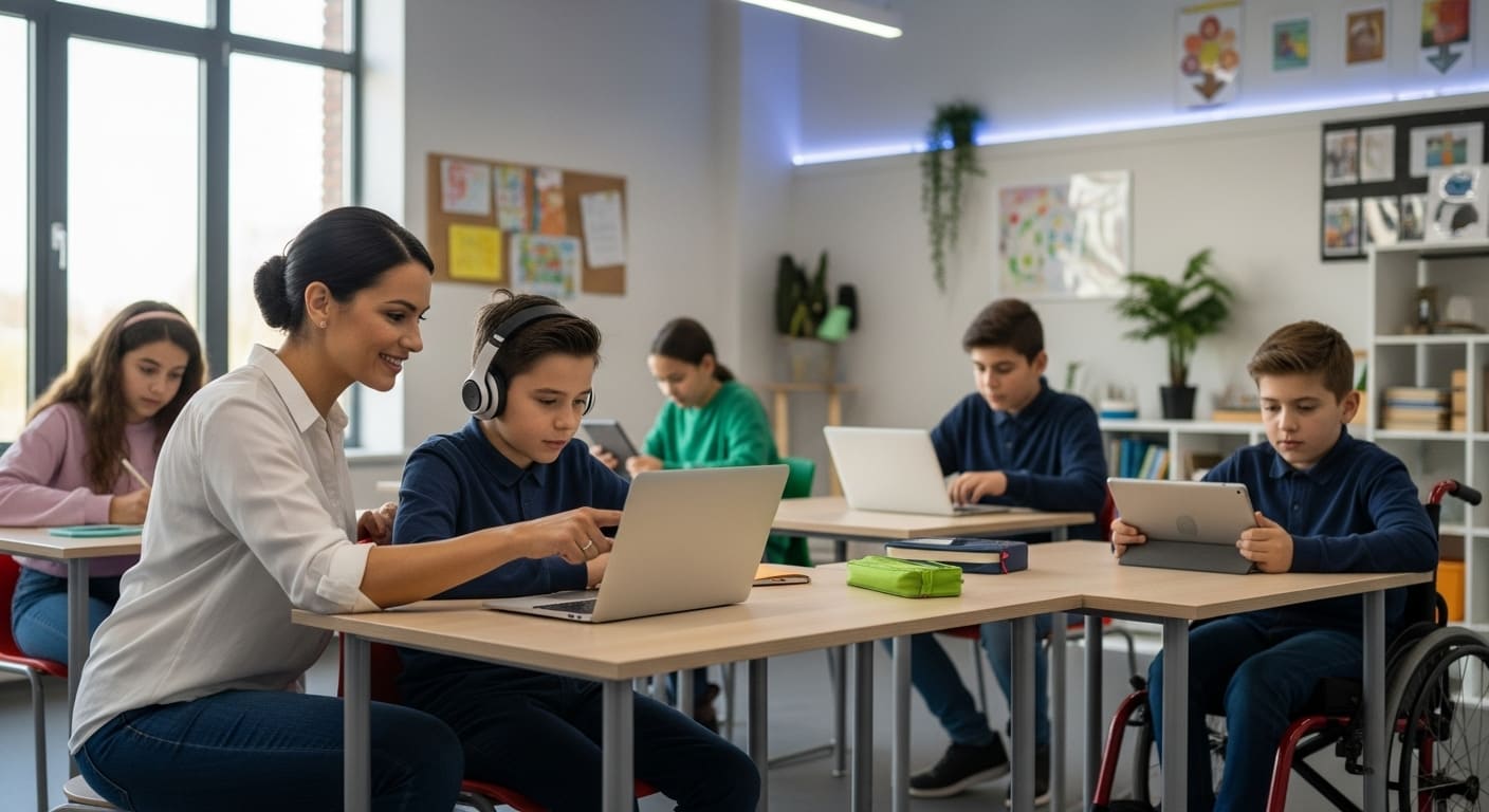 Teacher guiding students with adaptive learning tools, showing flexible teaching approaches aligned with UDL principles.
