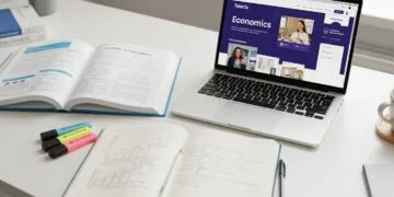 A vibrant, organized desk with an open economics textbook, a laptop displaying a revision website, a notebook with diagrams, and highlighters, symbolizing comprehensive A-Level Economics study resources.