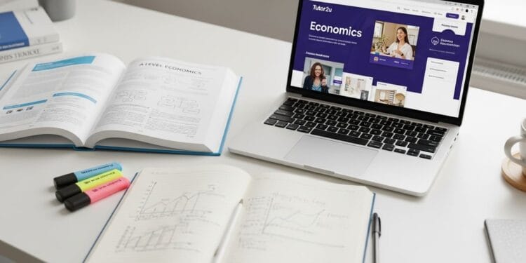A vibrant, organized desk with an open economics textbook, a laptop displaying a revision website, a notebook with diagrams, and highlighters, symbolizing comprehensive A-Level Economics study resources.