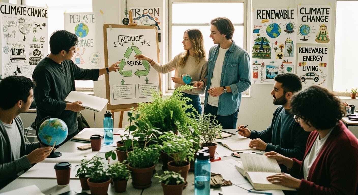 Students engaging with an eco-themed digital challenge focusing on sustainability and science.