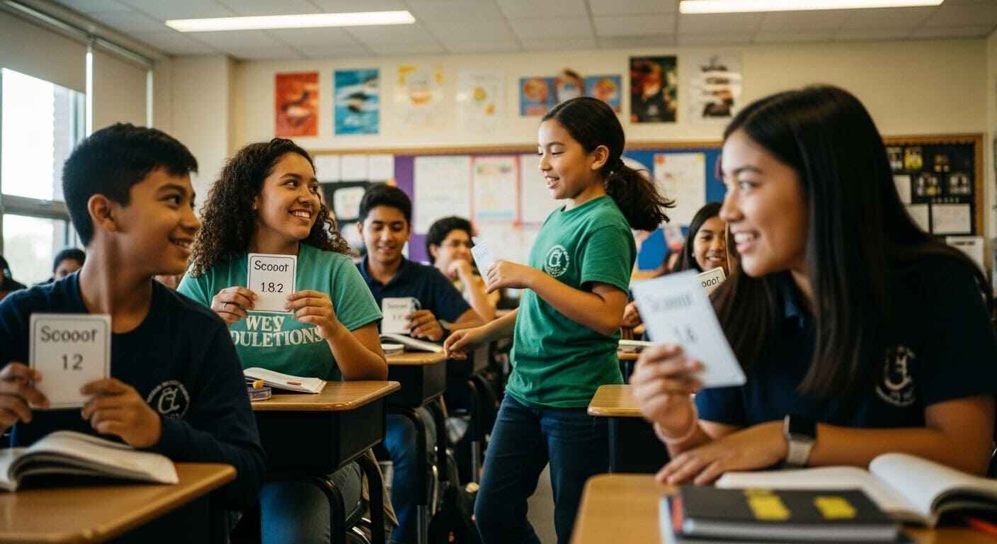 Students moving desk to desk completing quick review questions during a Scoot relay activity.