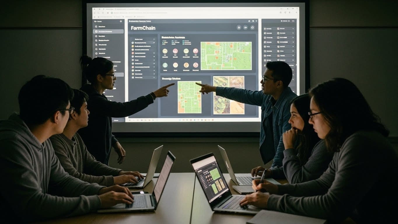 “Students collaborating on advanced Farmchain strategies with a farm interface projected on a screen.”