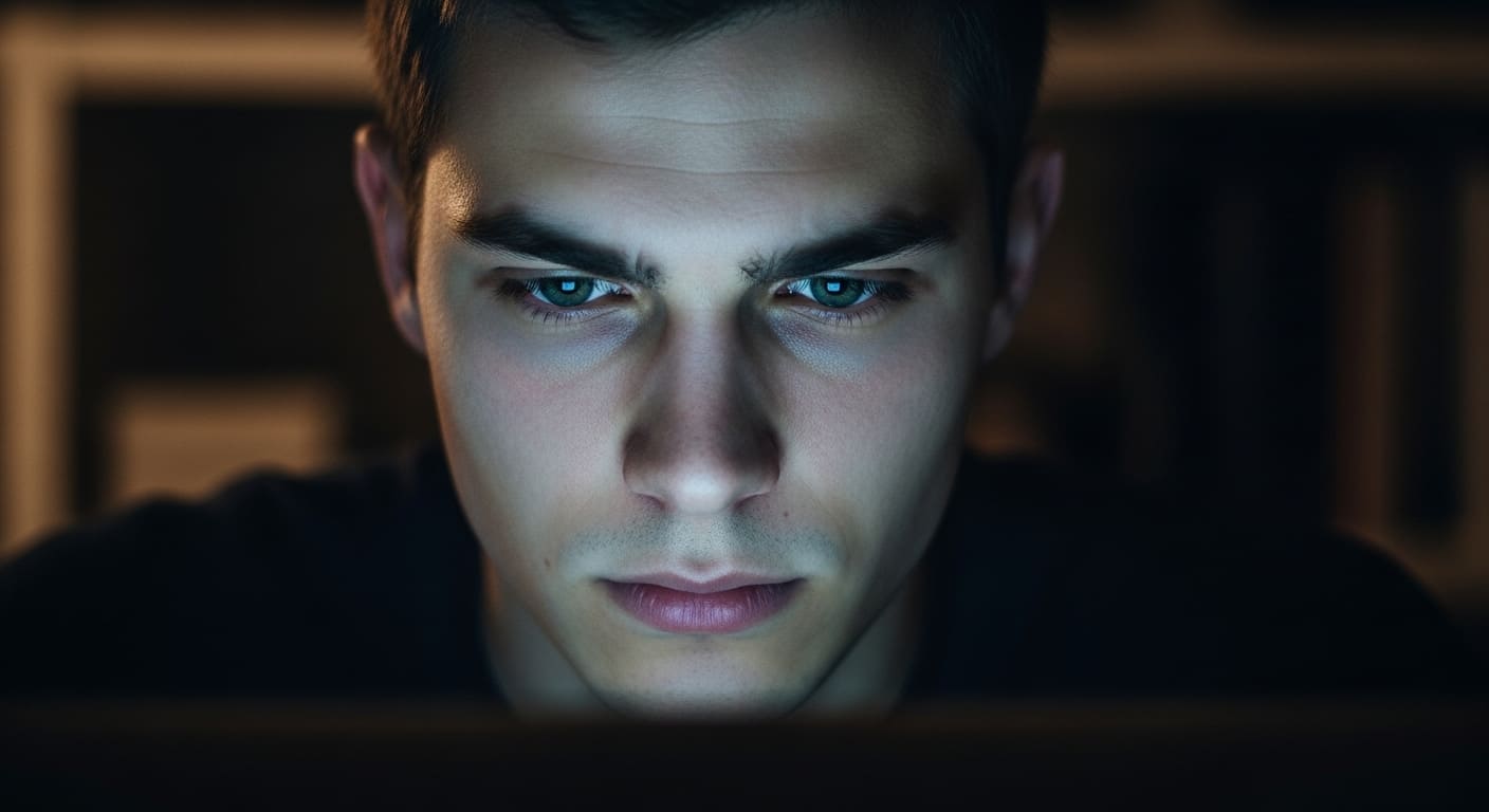 Close-up of student deeply focused on screen, symbolizing dopamine-driven engagement in educational gaming.