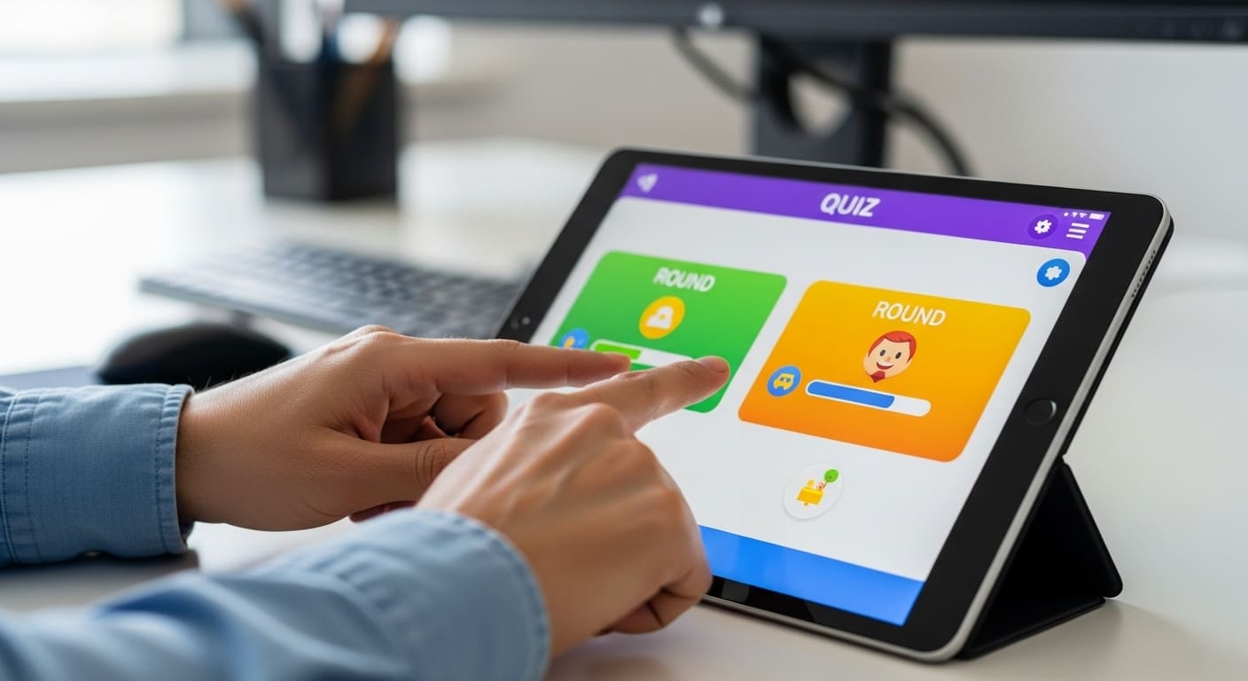 Two professionals smiling while competing in a gamified quiz session on laptops.