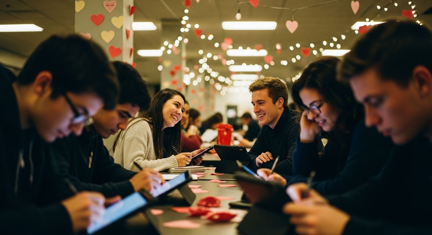 Students completing a kindness-themed Valentine’s Day classroom challenge promoting positivity.