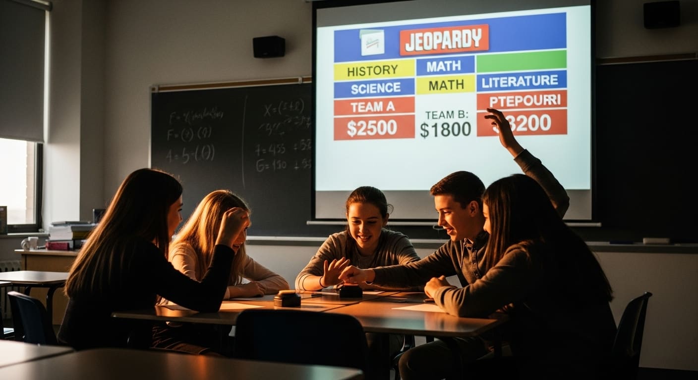 Students participating in a Jeopardy-style review game projected on a classroom screen.