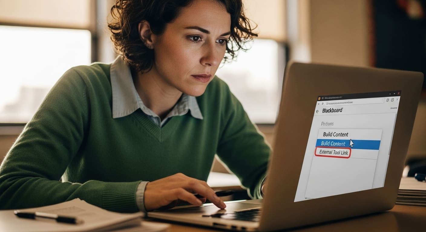 Teacher navigating Blackboard’s content module to add the Gimkit LTI link for an assignment.