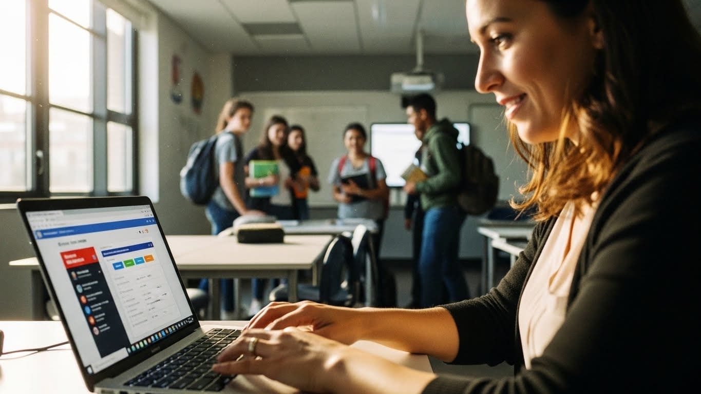 “Teacher quickly launching a short digital review session on a laptop while students join.”