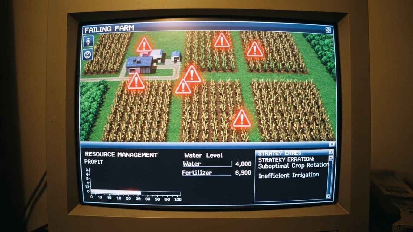 “Visual showing failed Farmchain farm with low profits and warning icons indicating mistakes.”