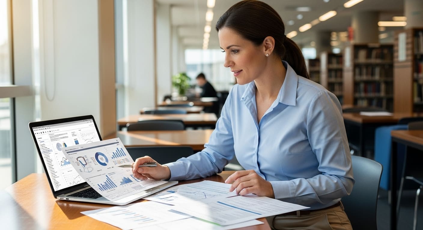 Educator reviewing educational research data and charts about game-based learning outcomes.