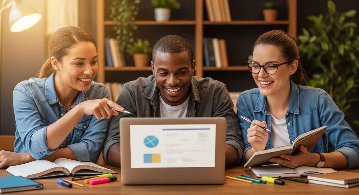 Professional using gamified learning app with colorful quiz interface on tablet.