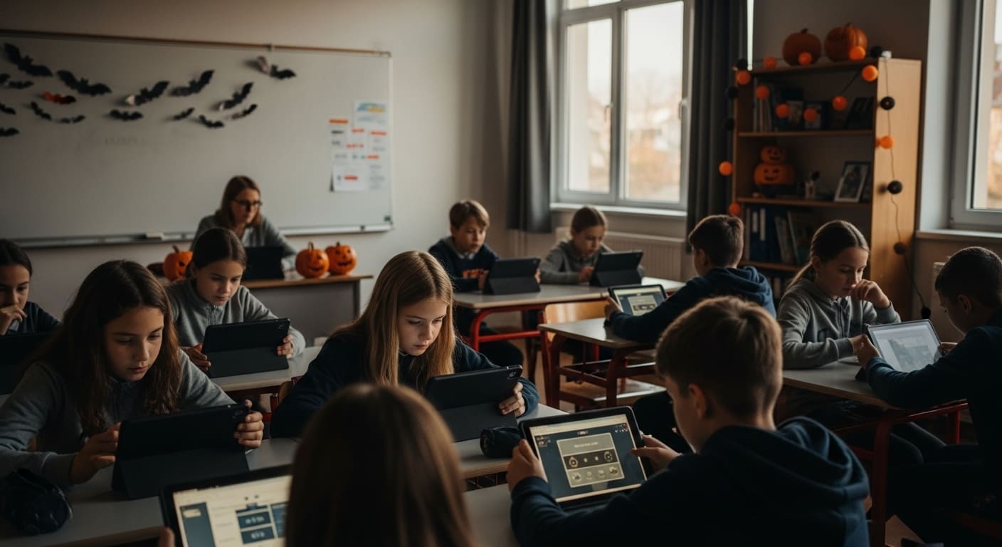 Students playing a Halloween-themed classroom review game with spooky decorations.