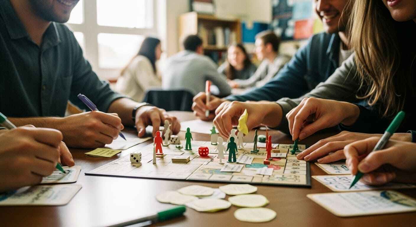 Students designing and playing their own educational board game in groups.