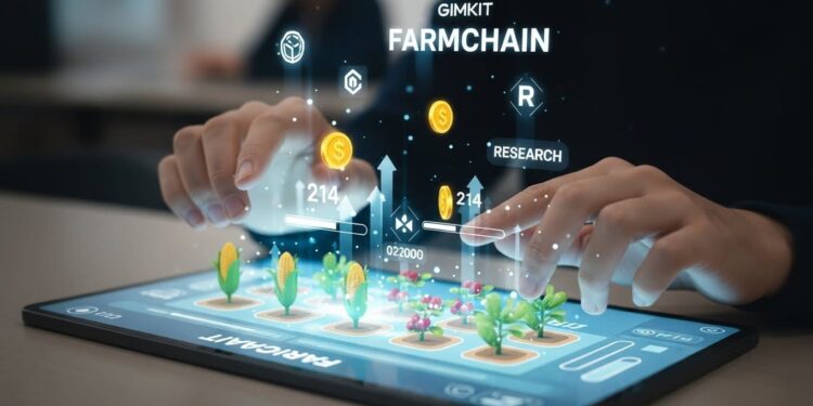 A close-up, dynamic shot of a player's hand interacting with a holographic game interface showing a bustling farm, digital crops, and money flowing. The interface projects a vibrant, competitive energy, with subtle elements hinting at strategic decisions and quick actions. Focus on modern, clean UI design.