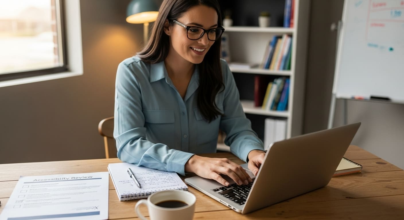 Teacher creating simple and clear quiz questions on a laptop to support cognitive accessibility.