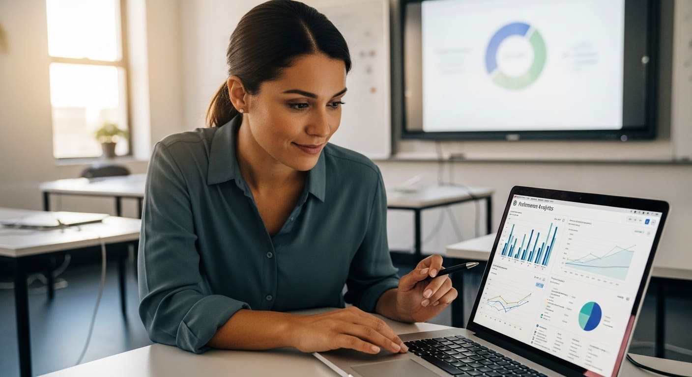 Teacher reviewing detailed student performance analytics with charts and graphs on a laptop.