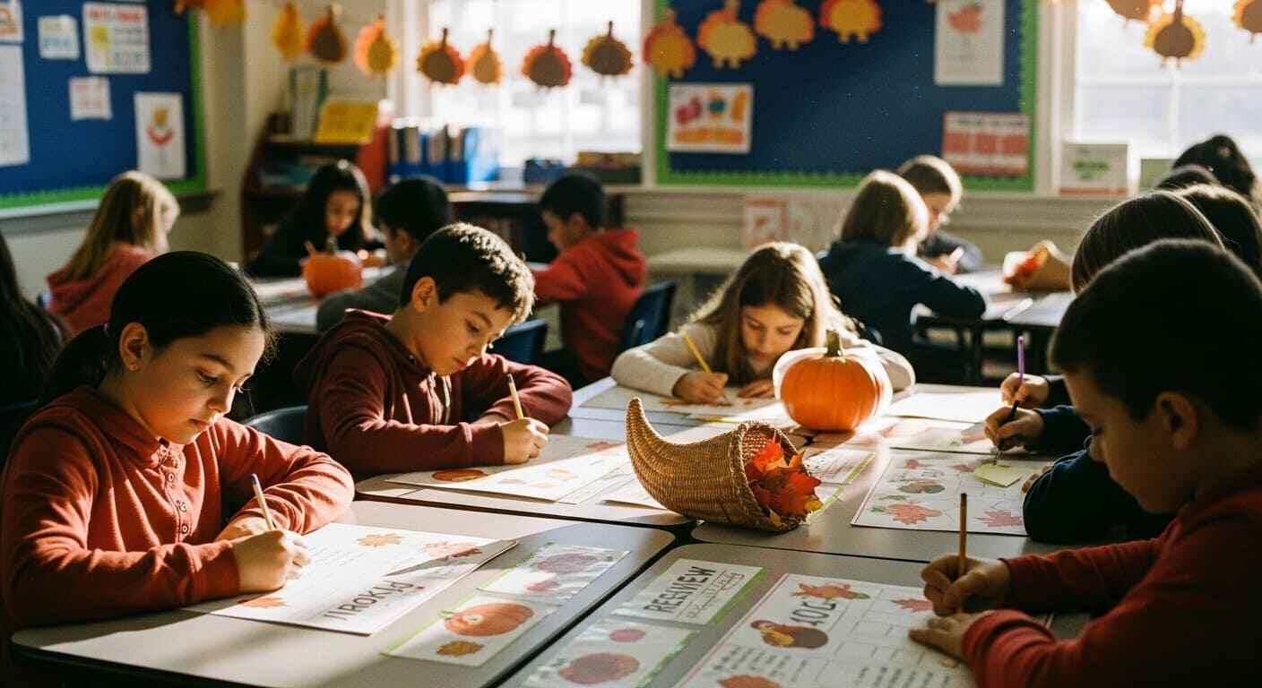 Students enjoying a Thanksgiving-themed classroom gratitude game before fall break.