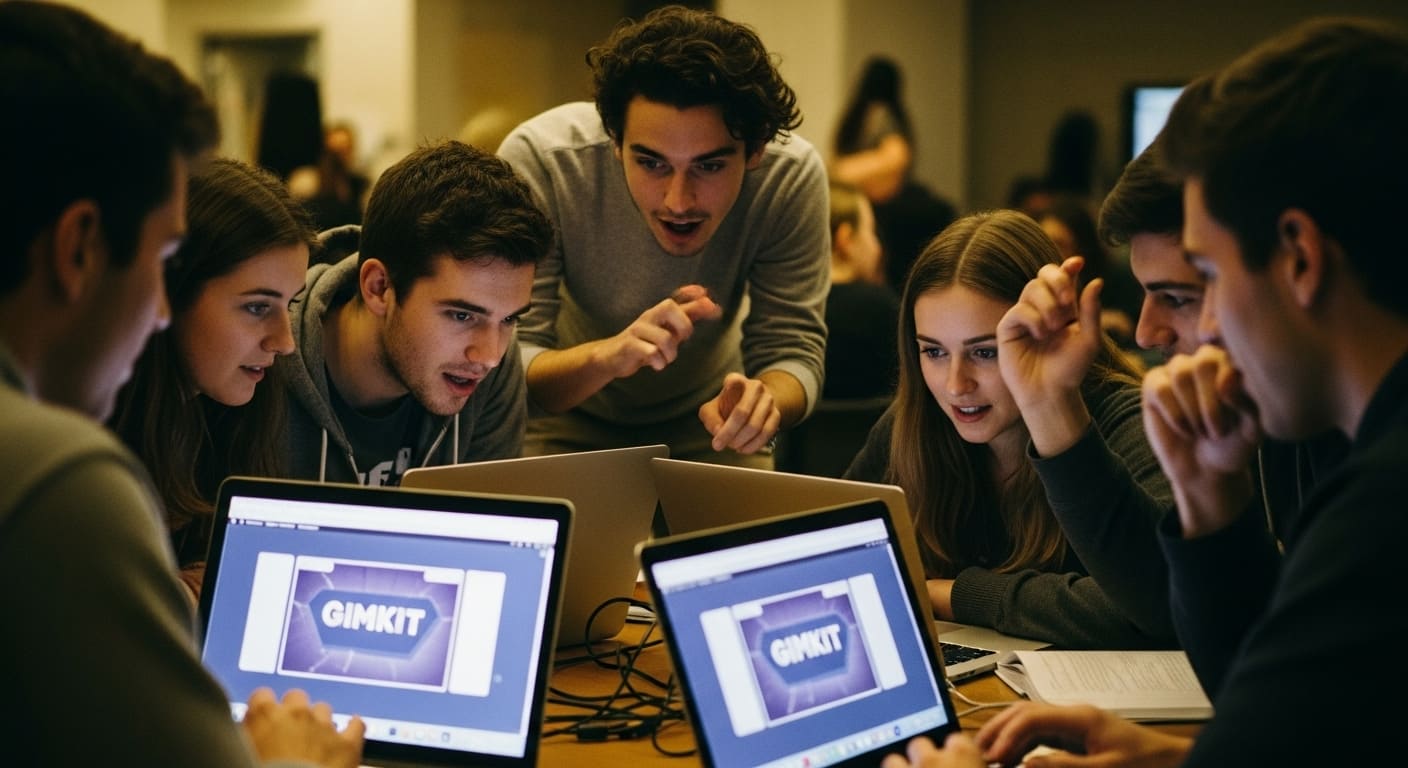 Students playing an interactive digital review game on laptops using Gimkit.