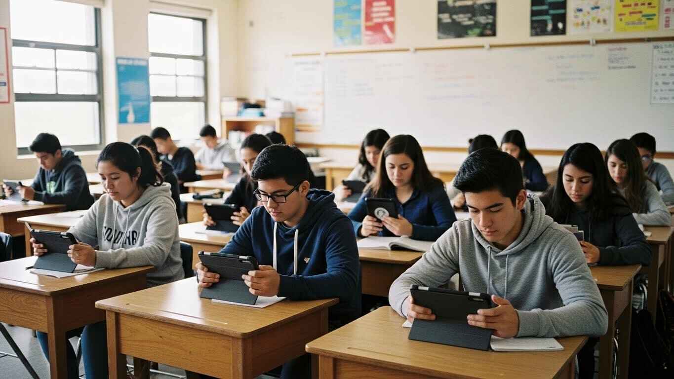 “Students completing a structured daily five-minute digital review as part of a classroom routine.”