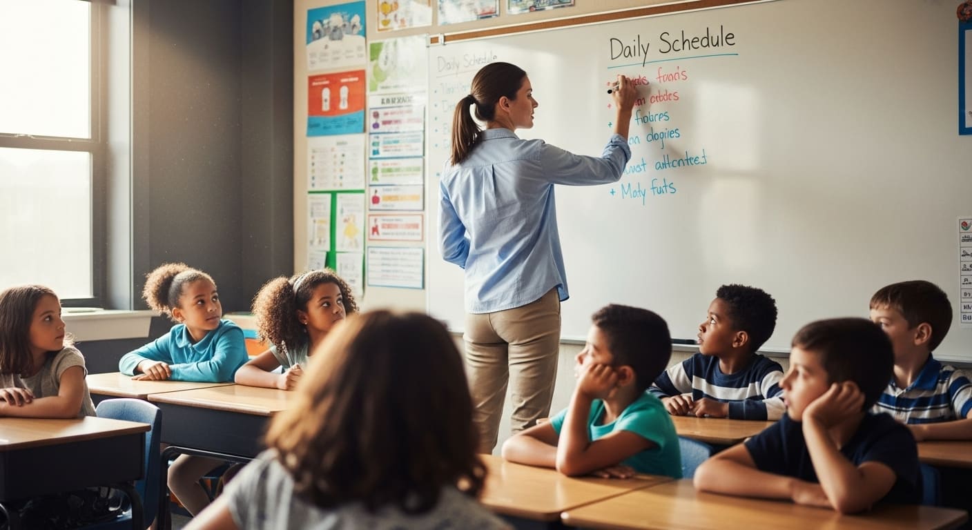 Teacher outlining daily classroom routines on a whiteboard to create predictability and reduce student anxiety.