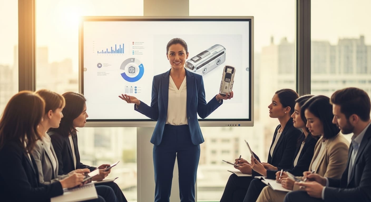 Sales professional confidently delivering a product launch presentation to a client