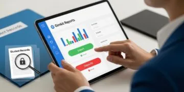 Photo-realistic image of a teacher's hands securely organizing digital data on a tablet next to a physical school file, representing Gimkit student data export and deletion for compliance.