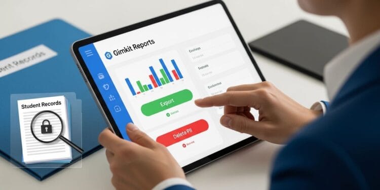 Photo-realistic image of a teacher's hands securely organizing digital data on a tablet next to a physical school file, representing Gimkit student data export and deletion for compliance.