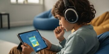 Realistic image of a focused student wearing noise-canceling headphones, successfully engaging with an educational game (Gimkit interface visible) on a tablet in a welcoming classroom environment.