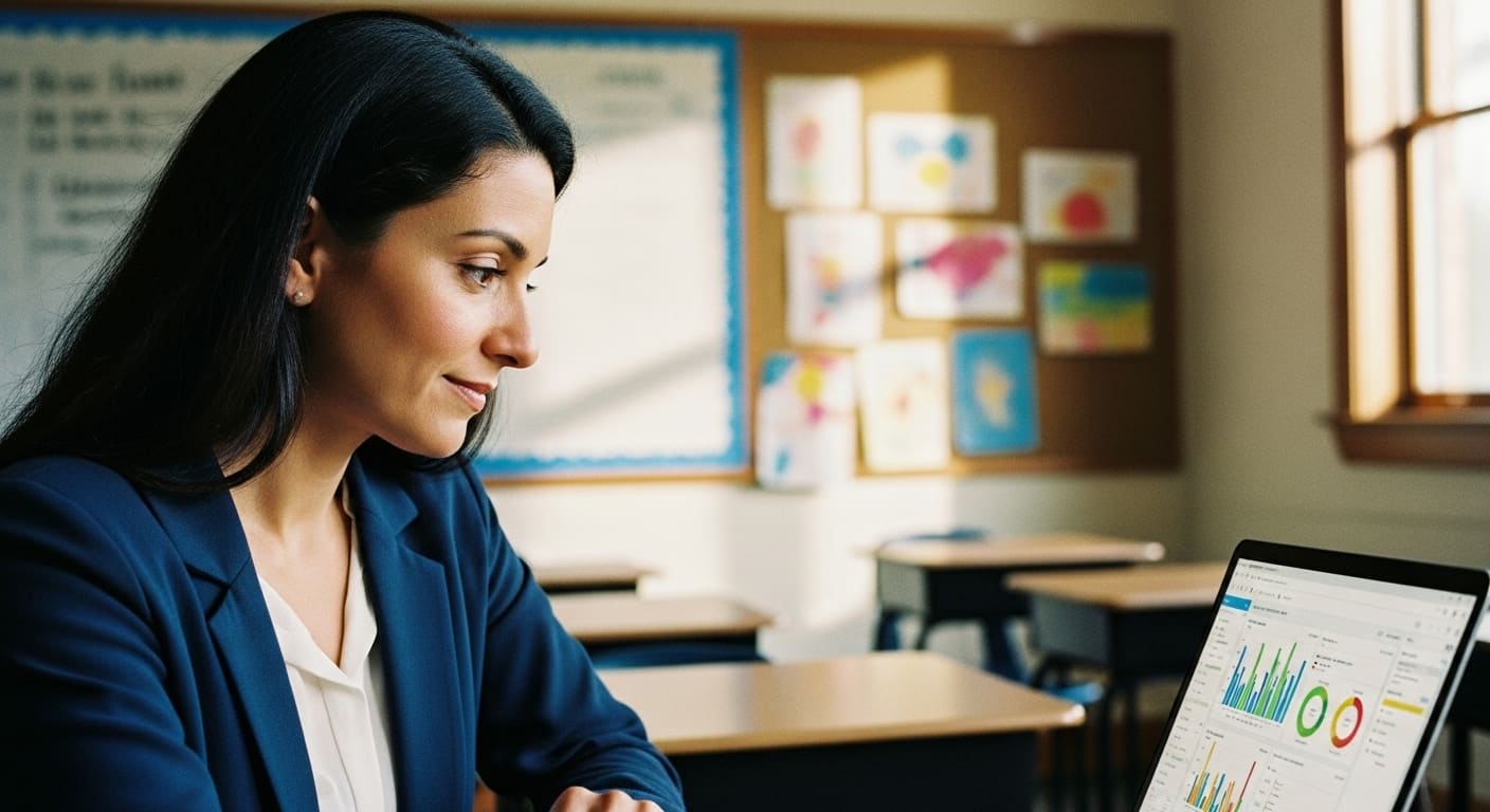Teacher reviewing classroom performance data on a laptop after a holiday-themed learning activity.