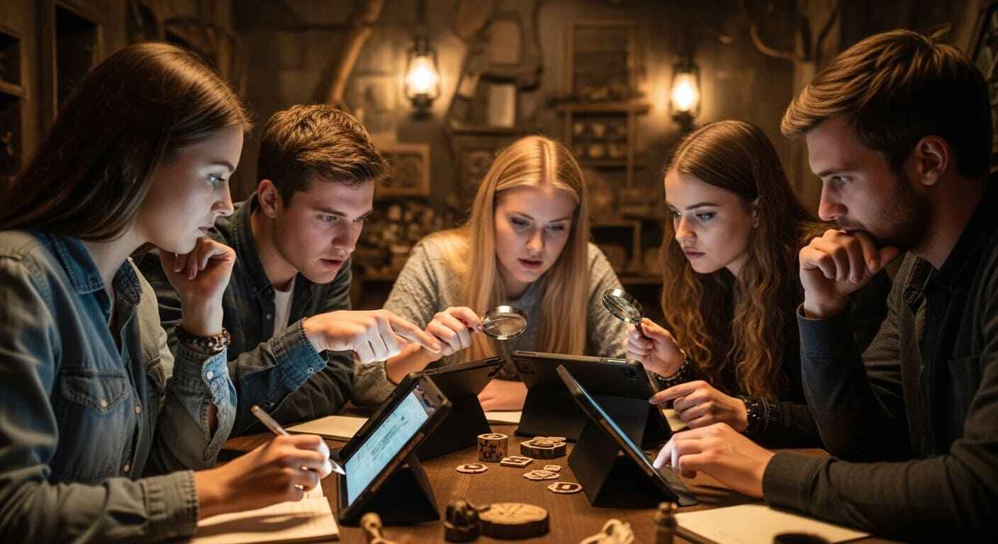 Middle or high school students working together on tablets to solve an escape-room style review challenge.