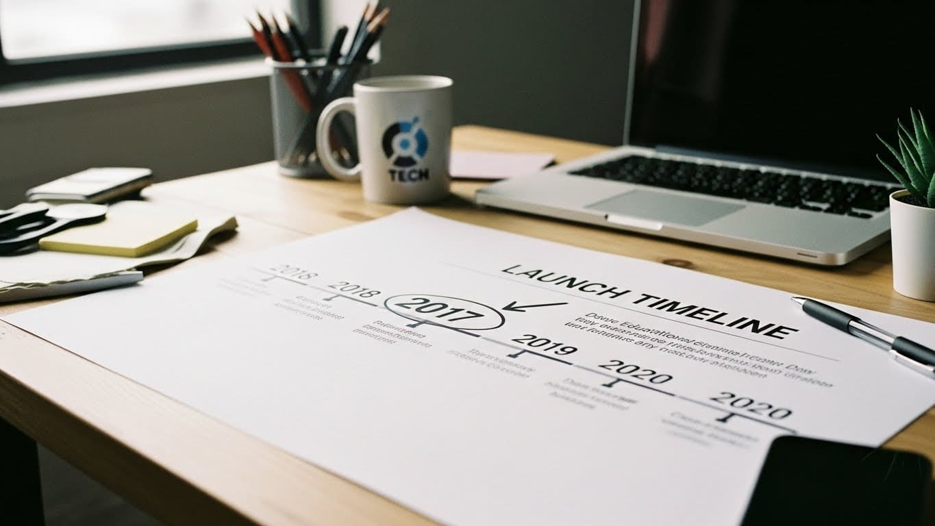 “A timeline-style photo highlighting Gimkit’s 2017 public beta launch with educational technology themes.”