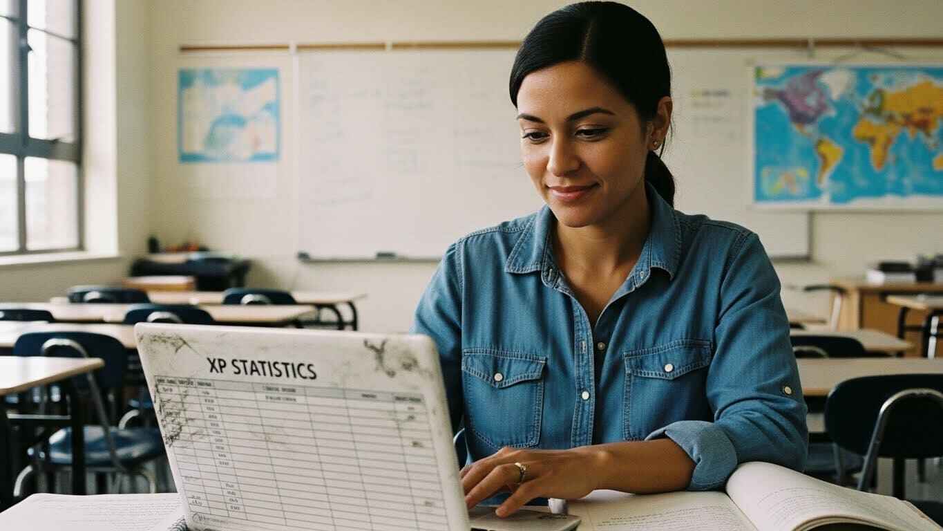 Photo showing a teacher analyzing Gimkit XP data on a laptop with charts and spreadsheets representing XP calculations.