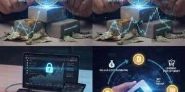 Photo-realistic quad image showing key steps: 1) Bitcoin as an inflation shield, 2) Growth charts for a Bitcoin portfolio, 3) Secure self-custody setup with hardware wallet, laptop, and phone, and 4) Strategic methods like Dollar-Cost Averaging (DCA), buying the dip, and portfolio rebalancing.