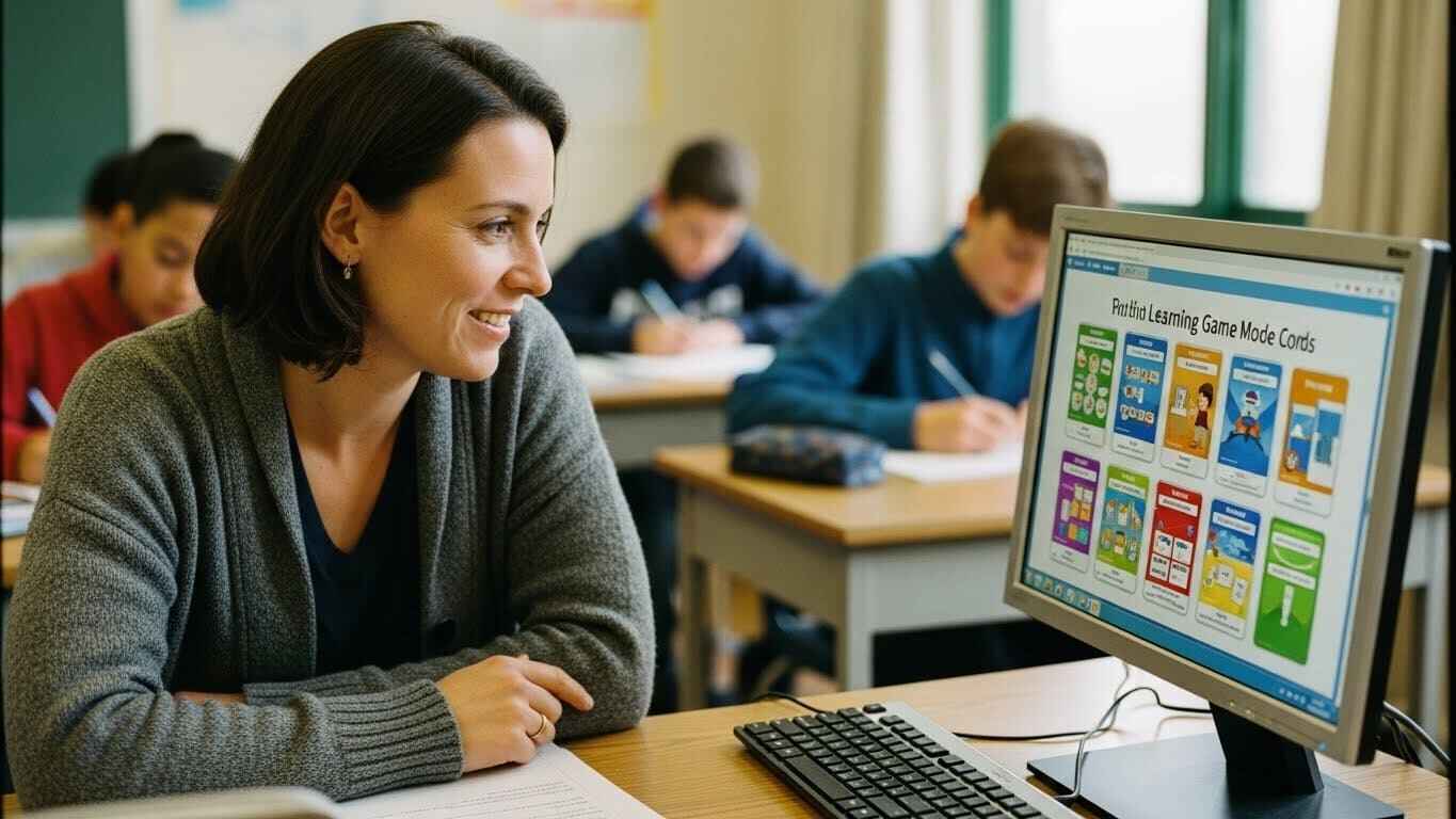 A teacher using a laptop in a classroom reviewing different Gimkit game modes displayed on the screen, with students working in the background.