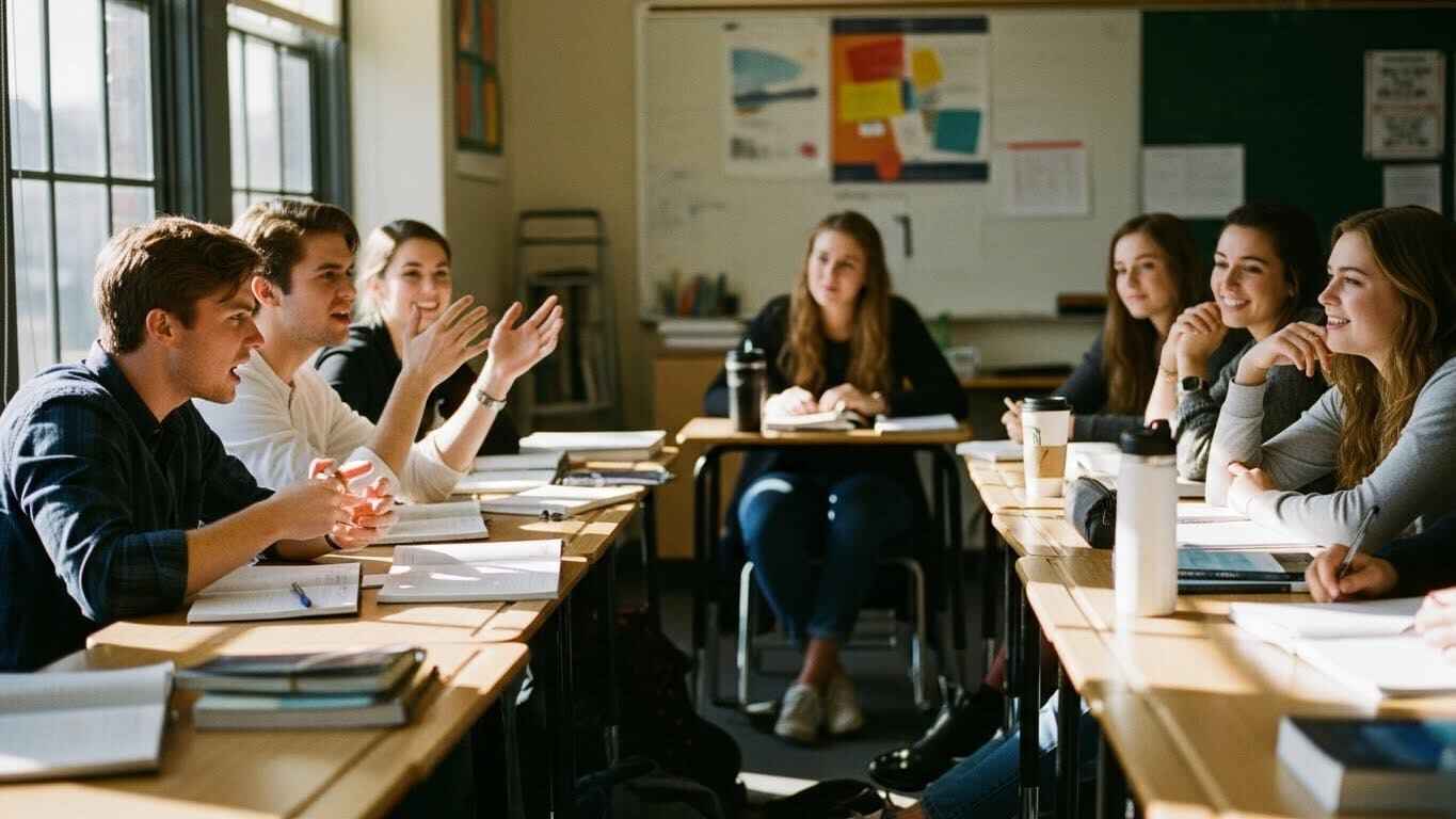 Photo of competitive and non-competitive students discussing quiz strategy in a classroom setting.