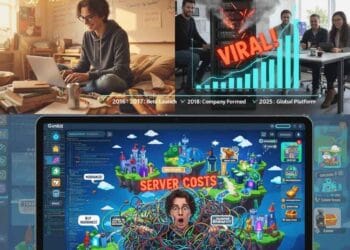 Photorealistic split image showing the Gimkit history timeline: (Left) A young high school founder coding the beta version on a laptop in a cozy room (2016-2017). (Right) The transition to an official company (2018) with a server room on fire labeled 'VIRAL!' and a business team in the background, symbolizing rapid growth and the need for formal structure. The image visually answers 'when did Gimkit become an official company'.