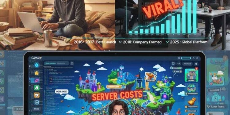 Photorealistic split image showing the Gimkit history timeline: (Left) A young high school founder coding the beta version on a laptop in a cozy room (2016-2017). (Right) The transition to an official company (2018) with a server room on fire labeled 'VIRAL!' and a business team in the background, symbolizing rapid growth and the need for formal structure. The image visually answers 'when did Gimkit become an official company'.