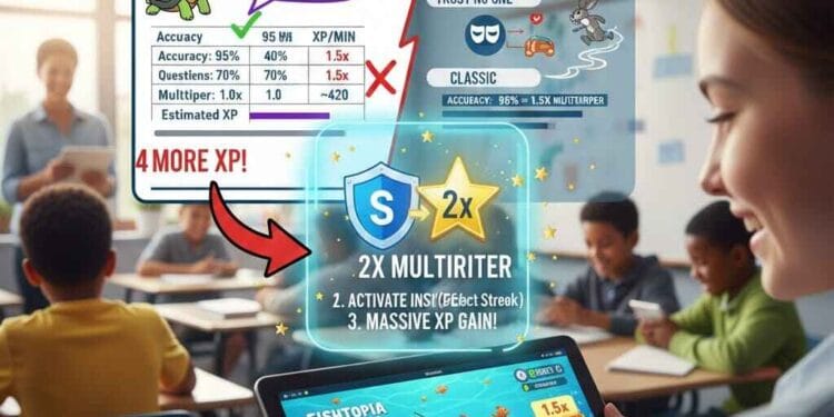 Photo-realistic image of a student in a classroom using a tablet to play Gimkit Fishtopia. Overlay text highlights the 'Accuracy Focused' 95% Goldilocks Zone and the 2x Multiplier strategy, illustrating how to get XP fast in Gimkit.
