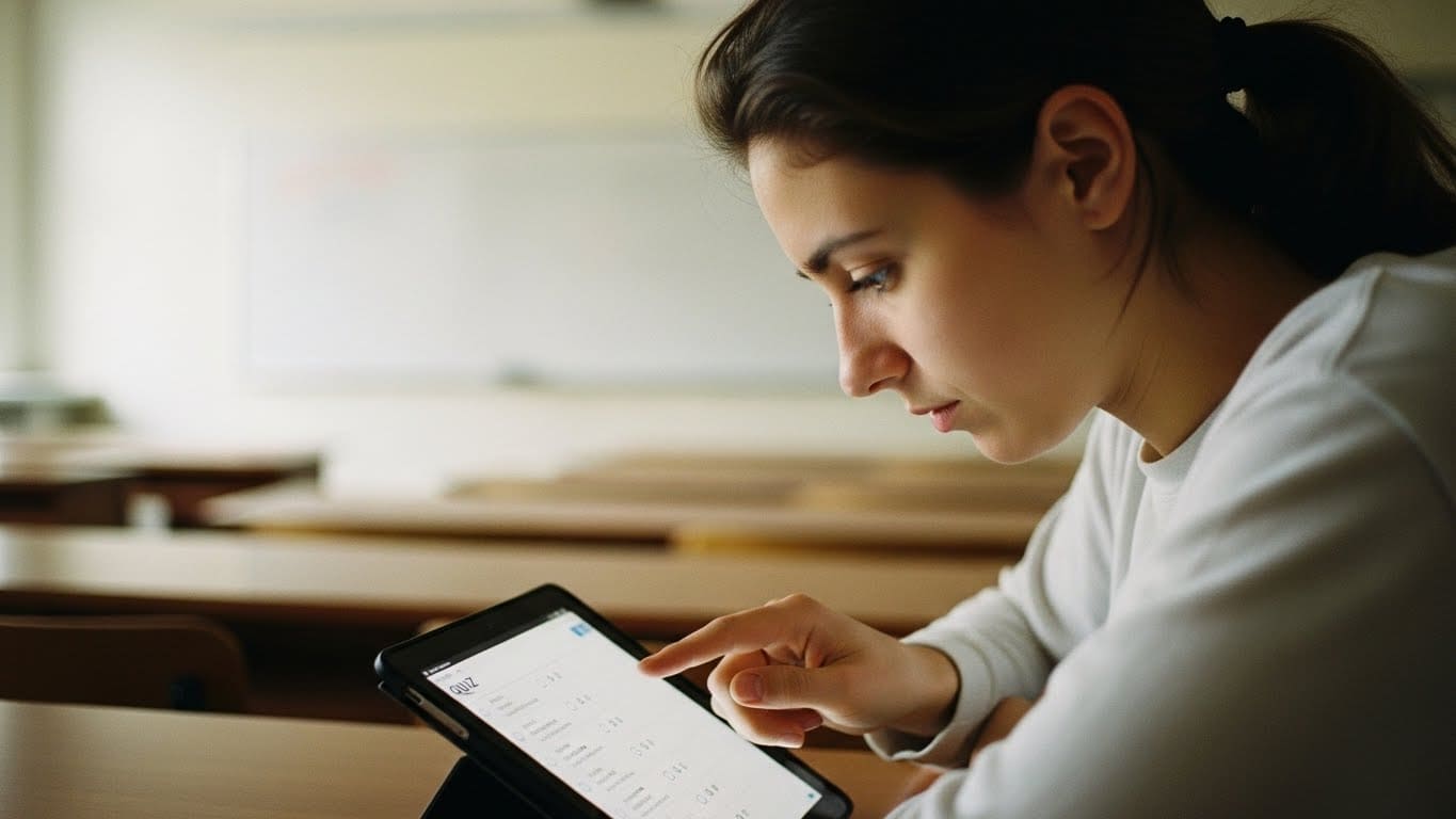 Photo of a student answering digital quiz questions with a focus on accuracy and concentration rather than rushing.