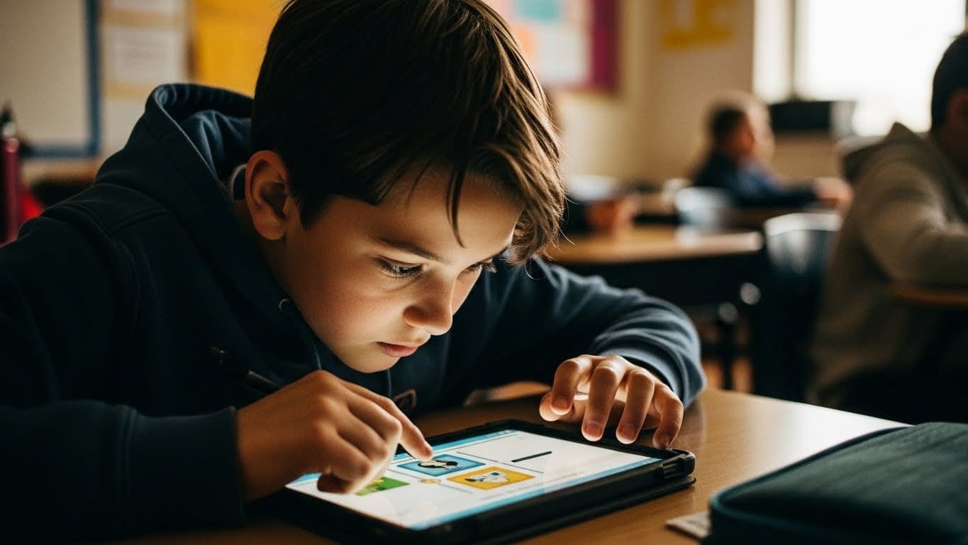 Middle school student focused on a classroom activity using a tablet, showing motivation and engagement during a learning game.