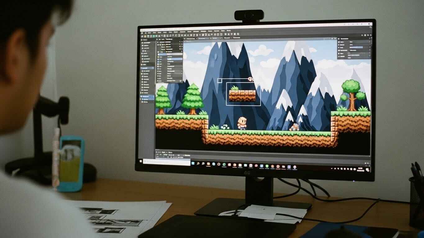 "Decorative props such as trees and mountains placed behind the player layer in a Gimkit game map interface."