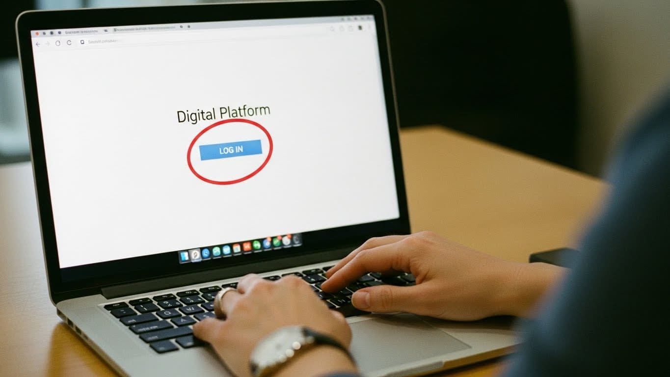 Laptop screen showing a learning-platform style homepage with a login button highlighted, teacher hands typing.