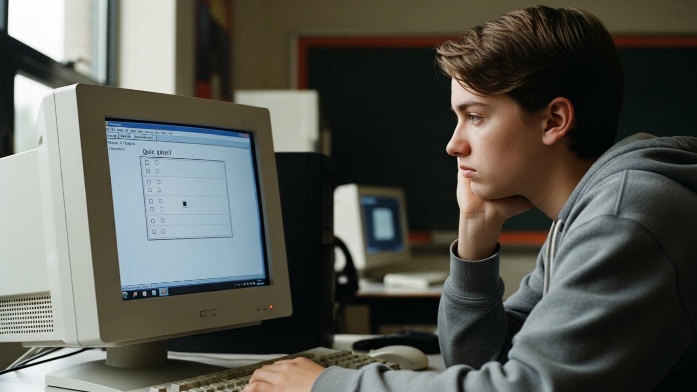 “A student looking frustrated while using old-style classroom quiz software on a computer.”