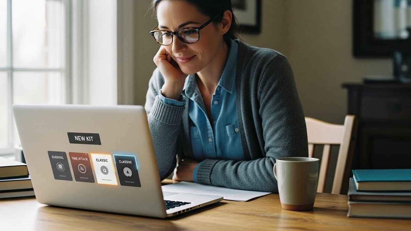 Teacher browsing a digital interface with a “New Kit” button and game mode options displayed on a laptop screen.