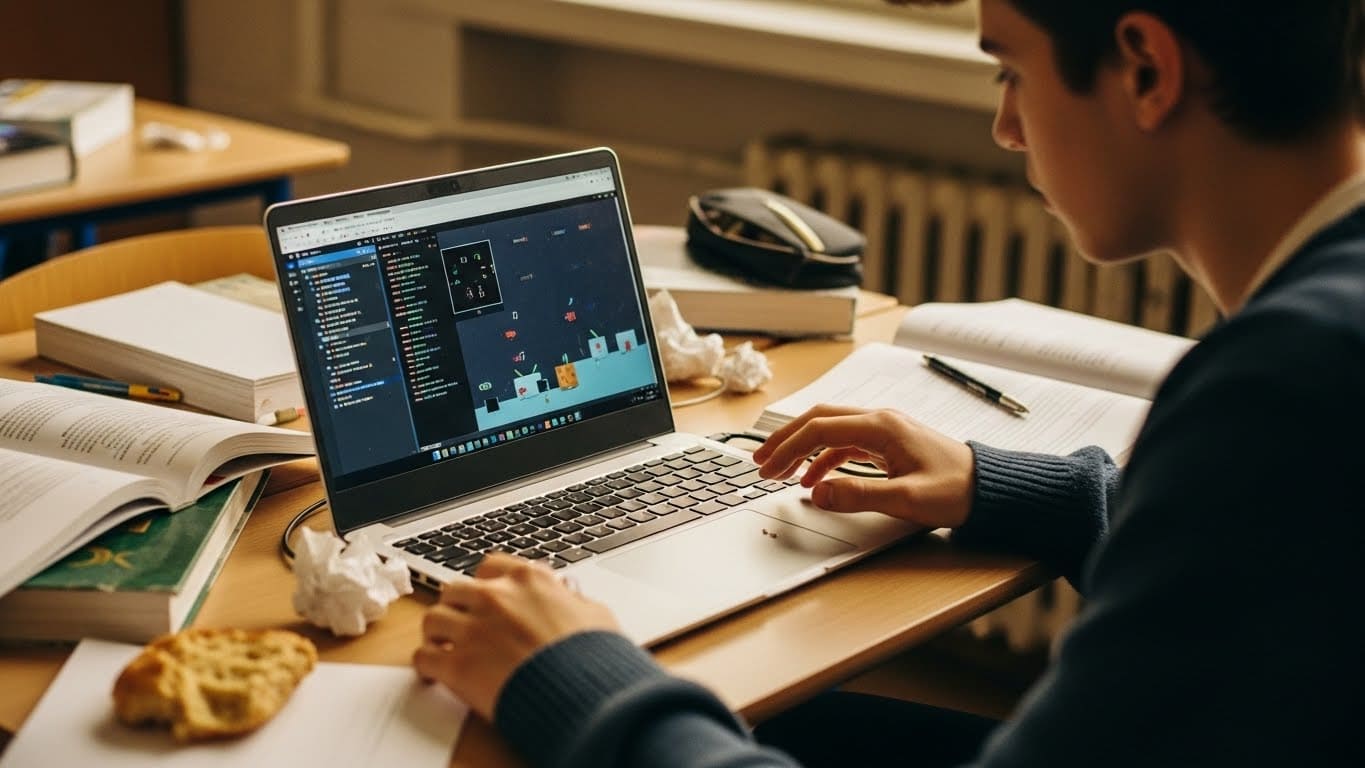 “A student testing an early game prototype on a laptop, symbolizing the original ‘Gimlet’ version of Gimkit.”