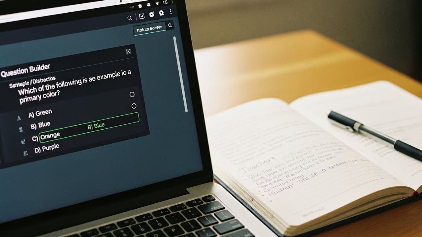 Laptop screen showing a question-creation form with multiple-choice fields filled out, teacher writing notes beside it.