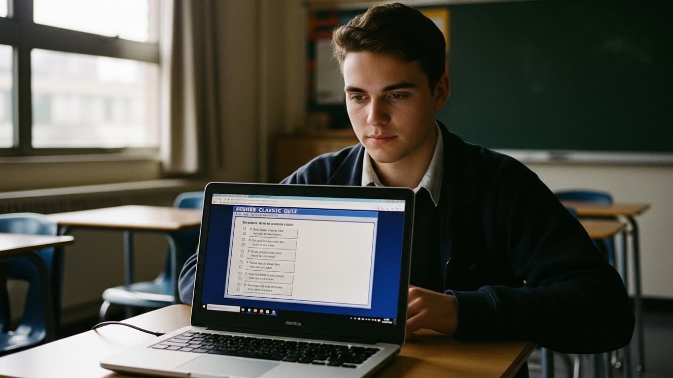 Photo of a student steadily answering classic quiz questions on a laptop during classroom practice.